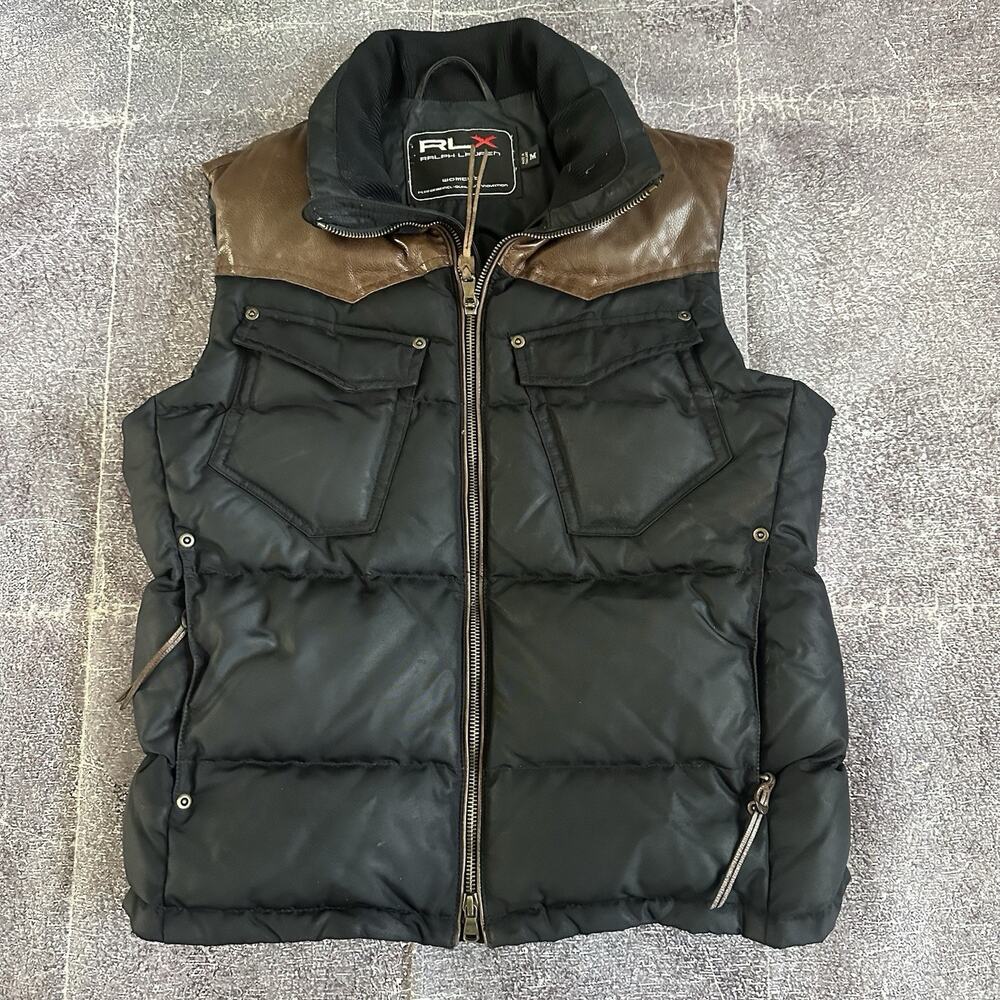 Women's Polo Ralph Lauren RLX Black Down Leather Trim Puffer Vest Jacket Sz M